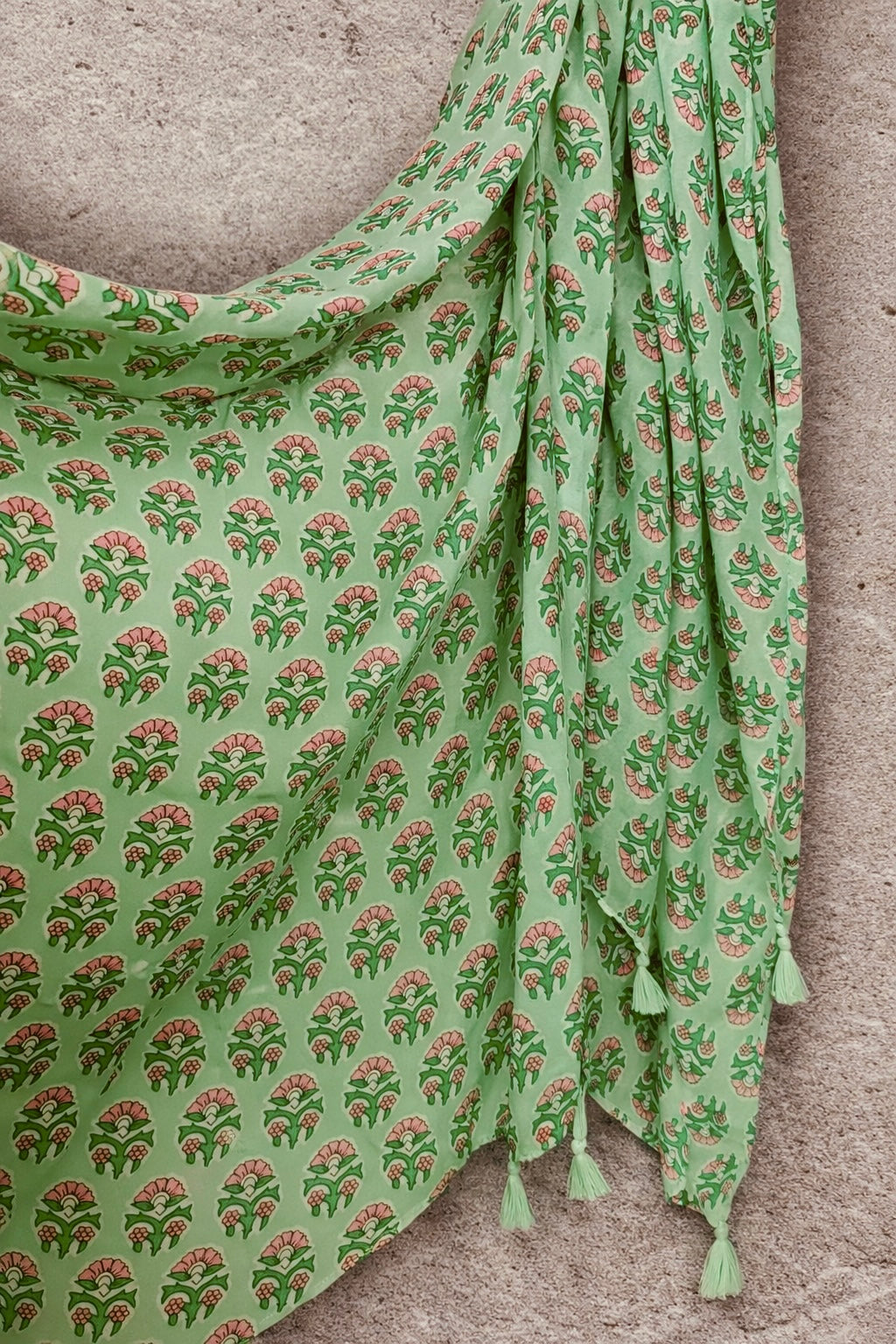 Mint Green Botanical Cotton Scarf,Lightweight Summer Wrap,Bohemian Floral Shawl with Tassels