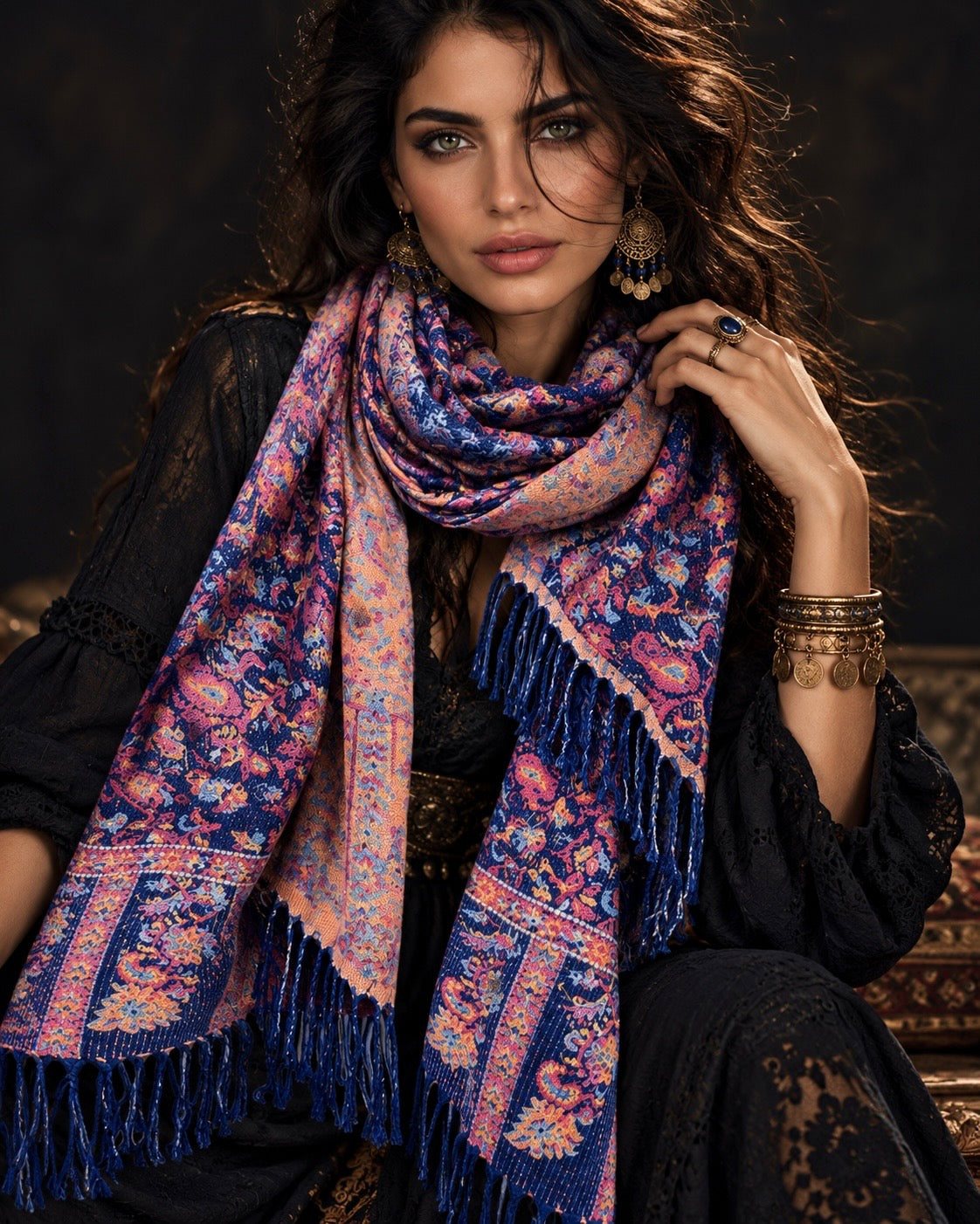 Navy Blue Pink Bohemian Botanical Reversible Winter Scarf