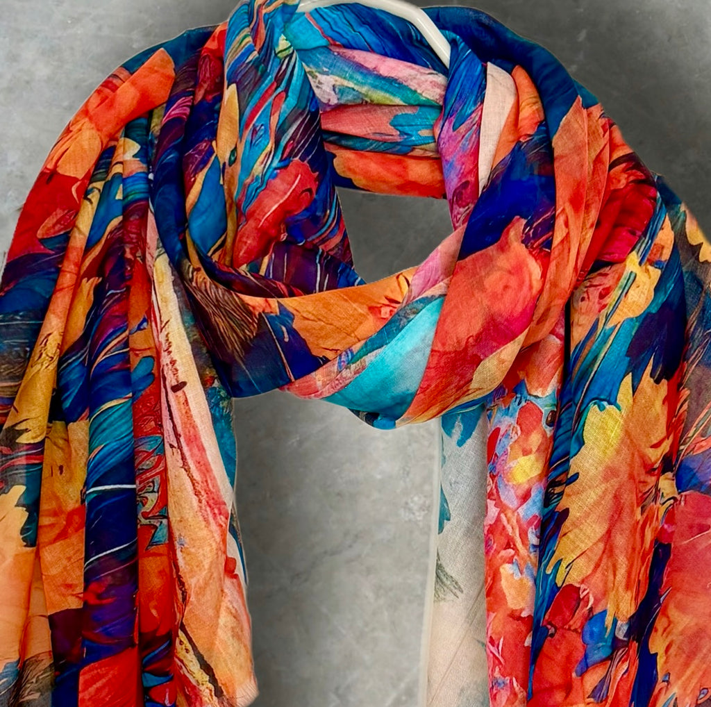 Orange Blue Watercolour Flower Print Cotton Scarf for Women,Lightweight Sheer Summer Wrap,Soft Breathable Shawl.