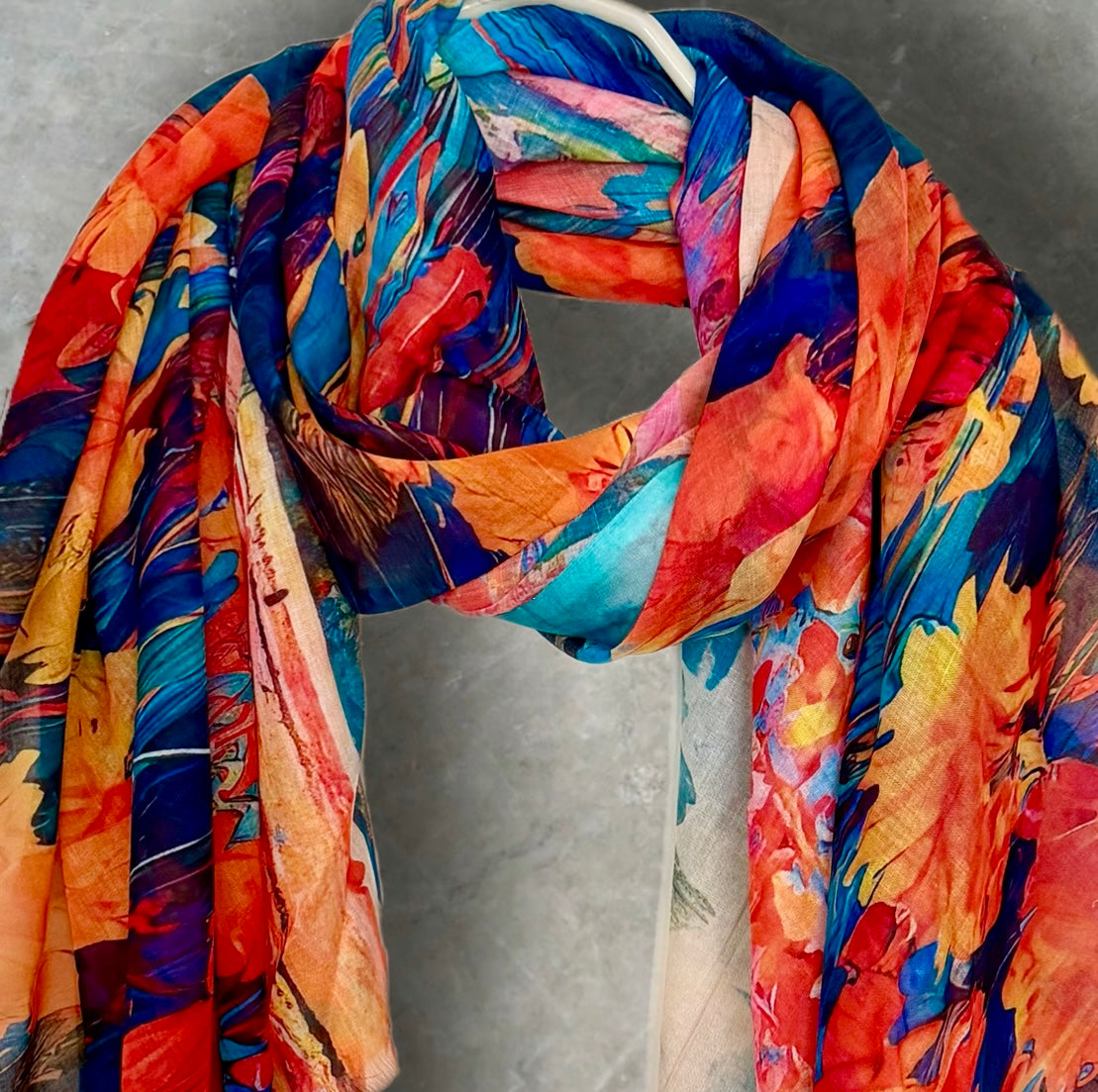 Orange Blue Watercolour Flower Print Cotton Scarf for Women,Lightweight Sheer Summer Wrap,Soft Breathable Shawl.