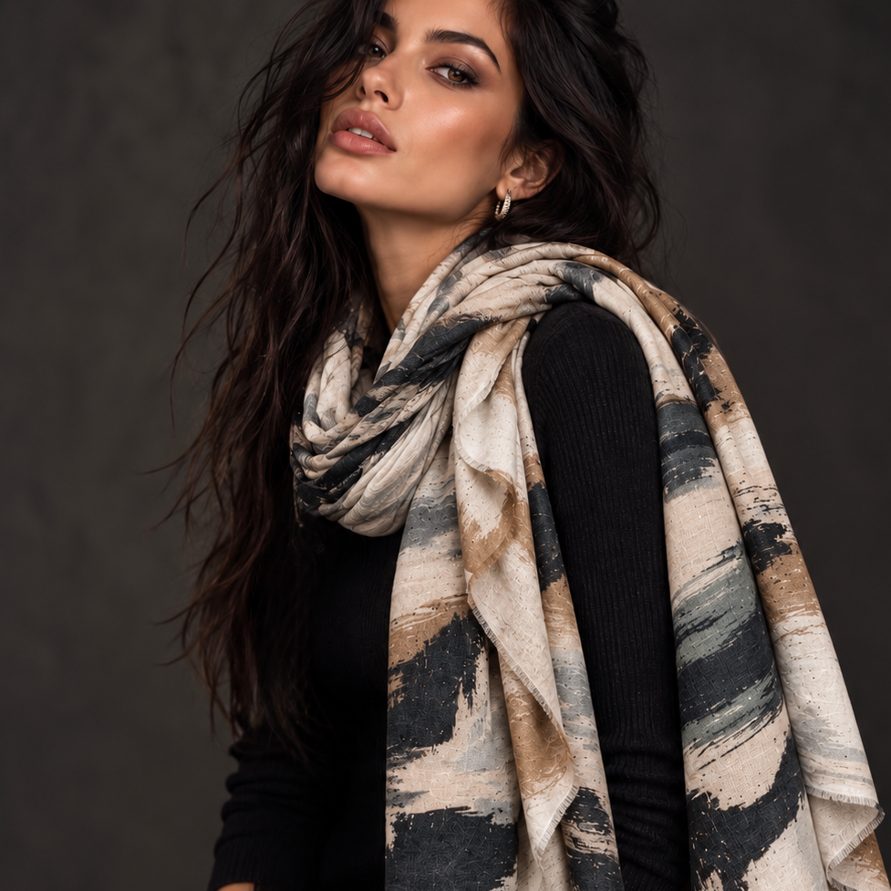 Black Beige Camel Brushstroke Autumn Winter Scarf