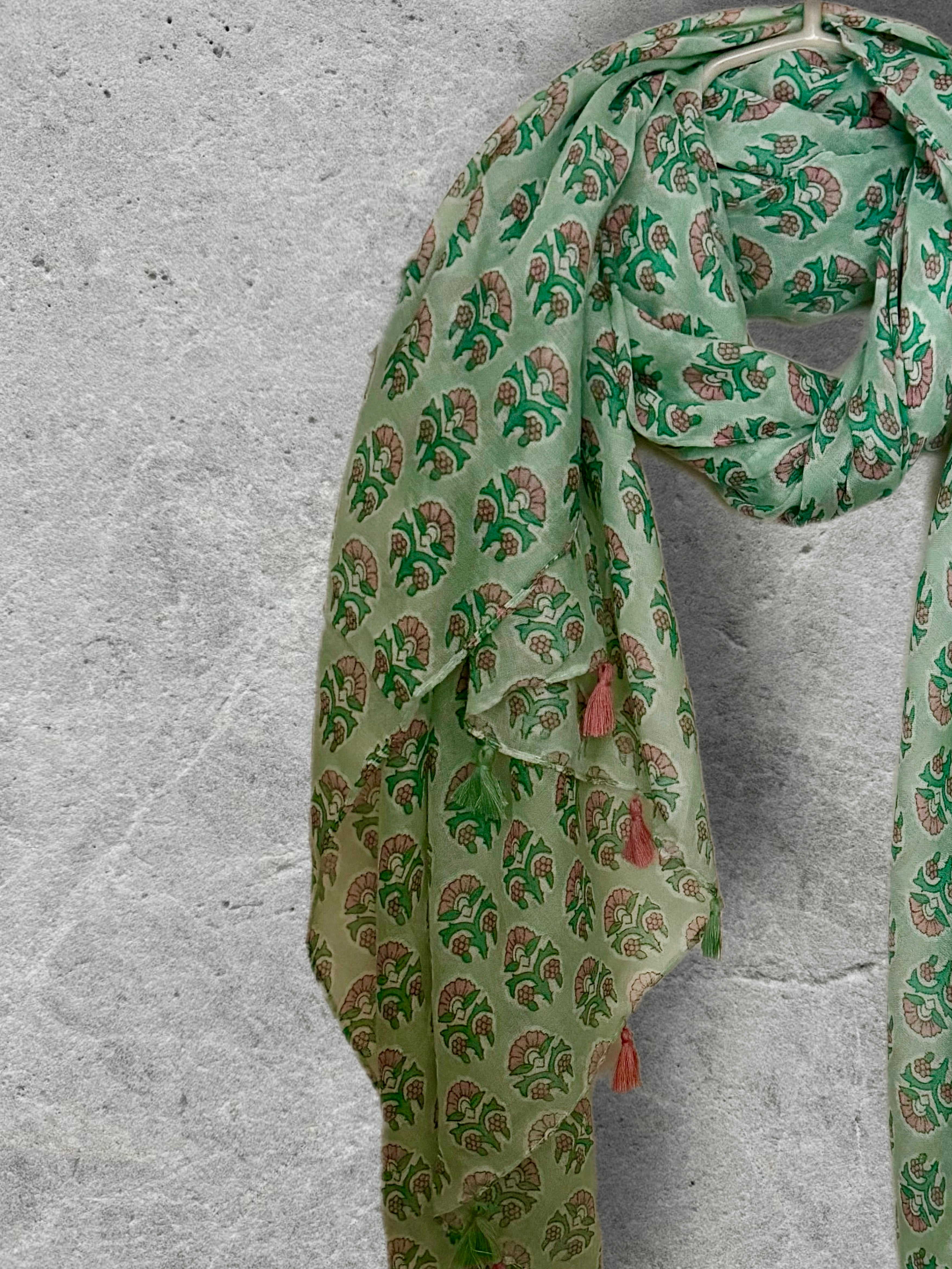 Mint Green Botanical Cotton Scarf,Lightweight Summer Wrap,Bohemian Floral Shawl with Tassels