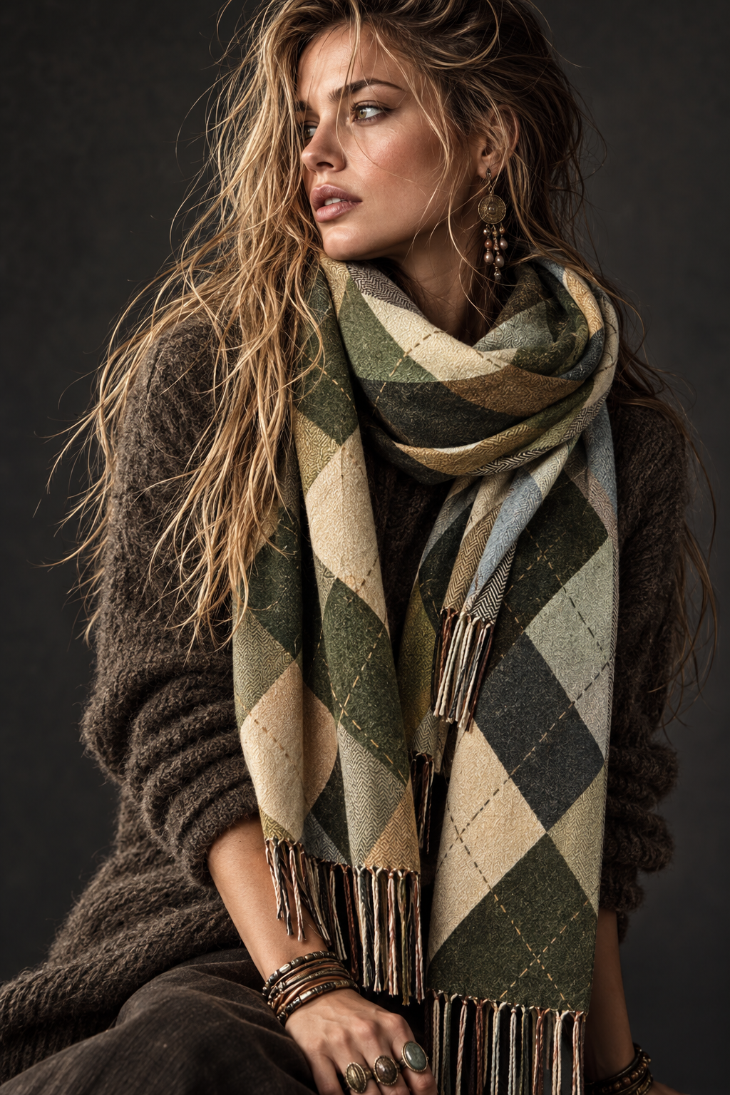 Olive Green Argyle Reversible Winter Scarf