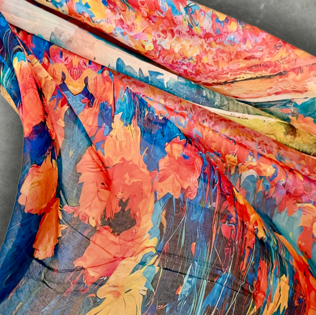 Orange Blue Watercolour Flower Print Cotton Scarf for Women,Lightweight Sheer Summer Wrap,Soft Breathable Shawl.