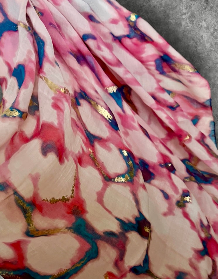 Pink Watercolor Cotton Scarf for Women,Lightweight Summer Shawl with Gold Foil Accents