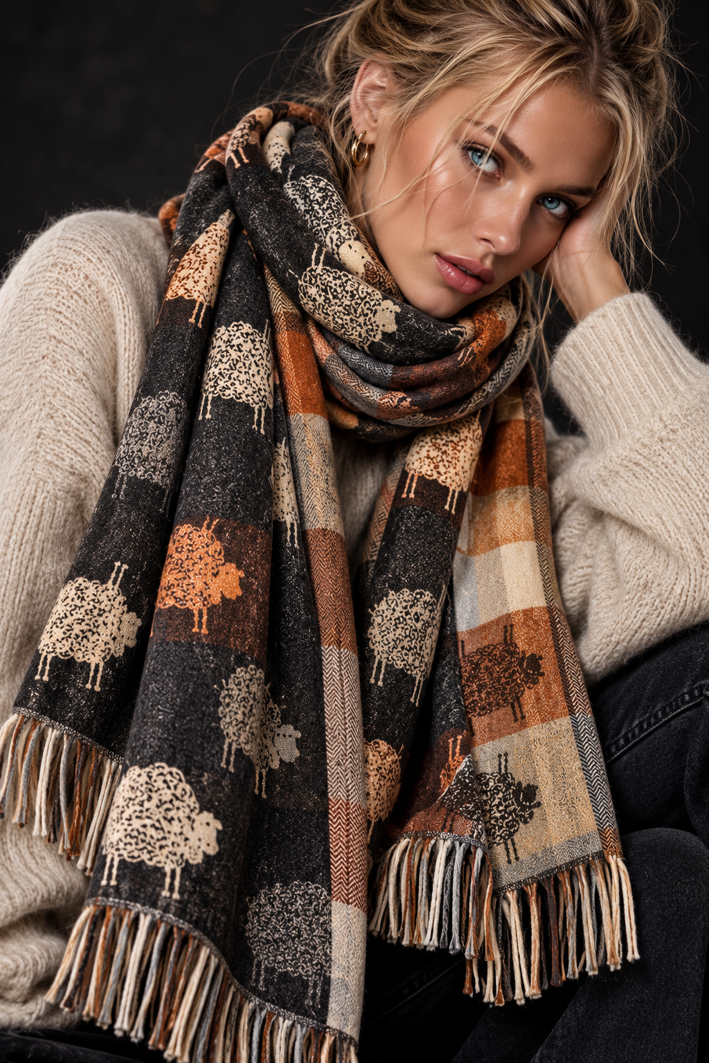 Black Charcoal Sheep Winter Scarf, Reversible Checked Wrap