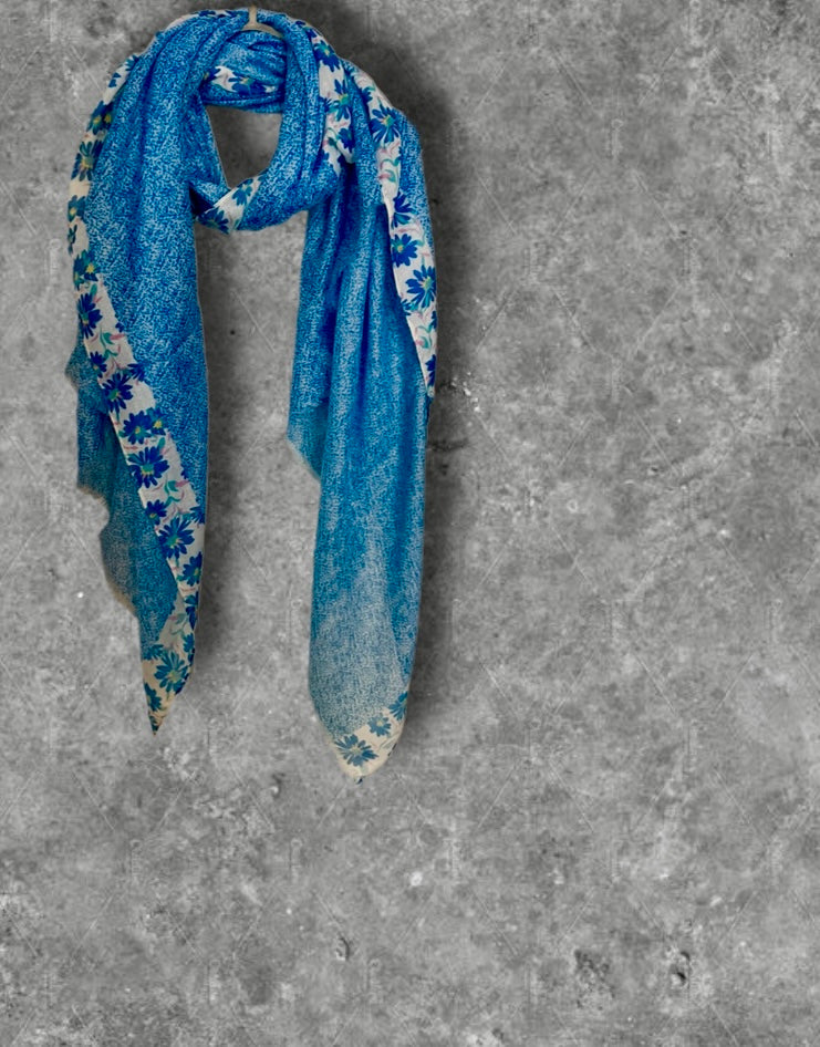 Blue Micro Floral Lightweight Cotton Scarf for Women,Soft Summer Shawl Wrap
