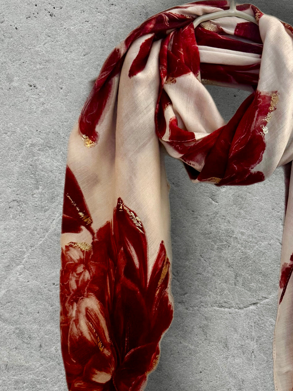 Elegant Red Peony Scarf for Women with Gold Accents,Floral Print Shawl