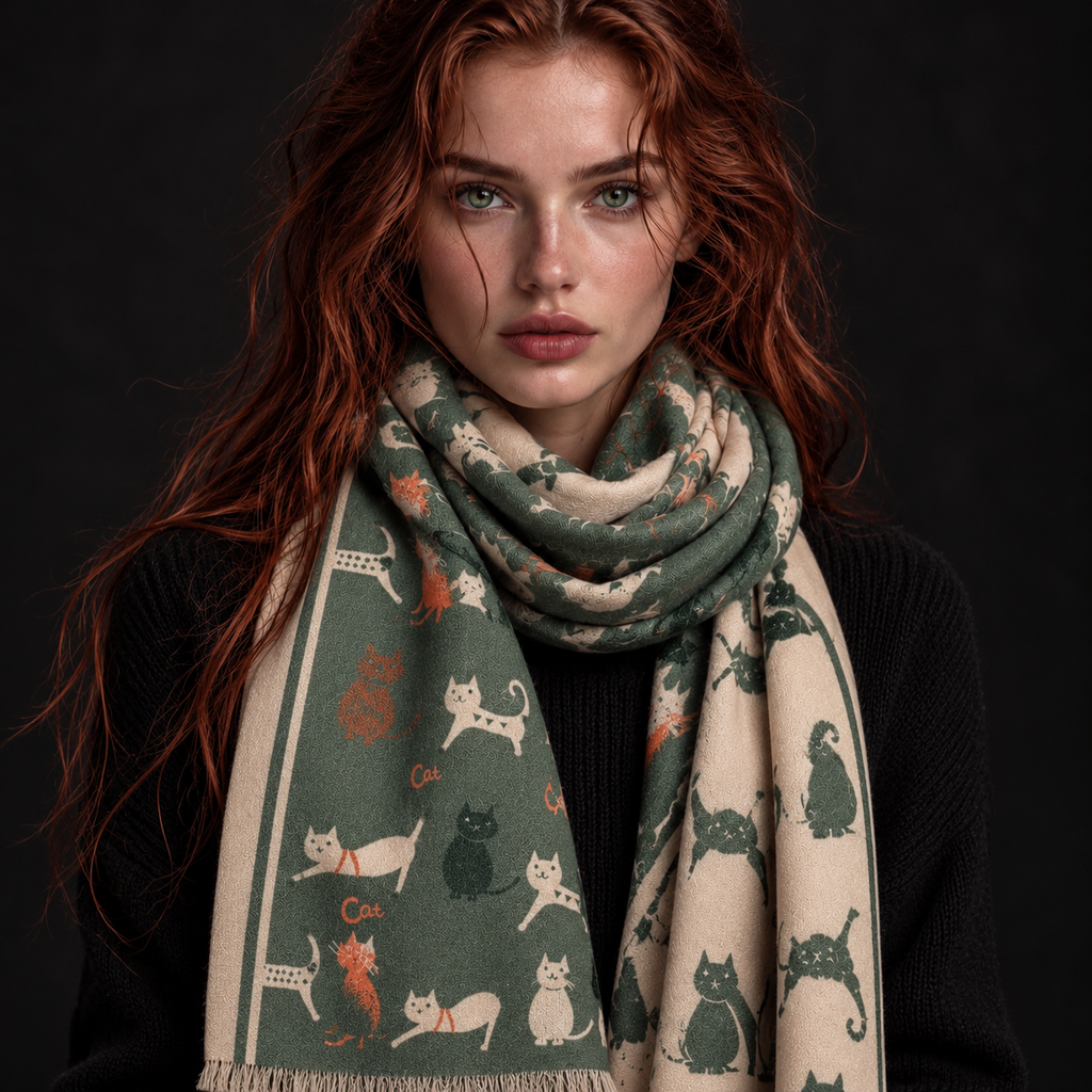 Sage Green & Beige Cat Print Reversible Winter Scarf
