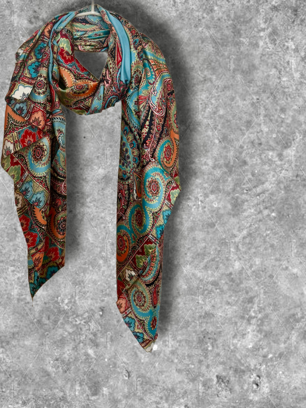 Boho Paisley Print Silk Scarf, Lightweight Shawl in Turquoise Blue for Women,Summer Wrap