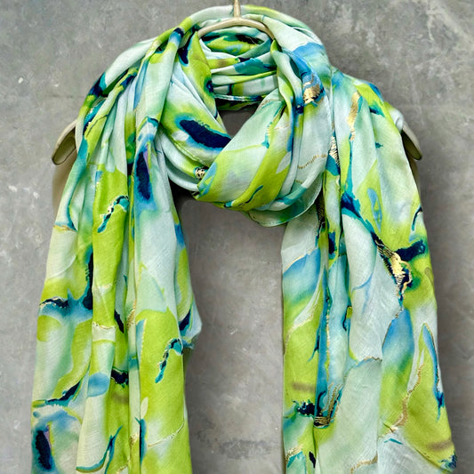 Green Cotton Scarf for Women with Abstract Paint Splashes and Gold Accents,All-Season Gifts for Her,Mom,Birthday and Christmas.
