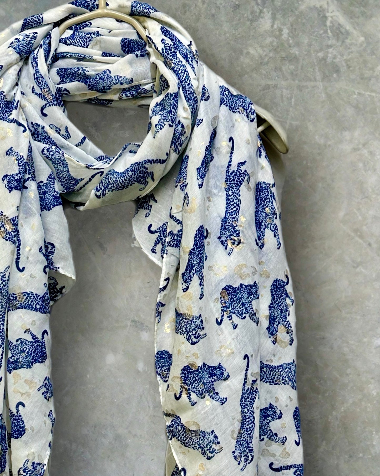 Blue classic leopards print off white scarf for women,perfect for any season and great gifts for her,mother,birthday and Christmas