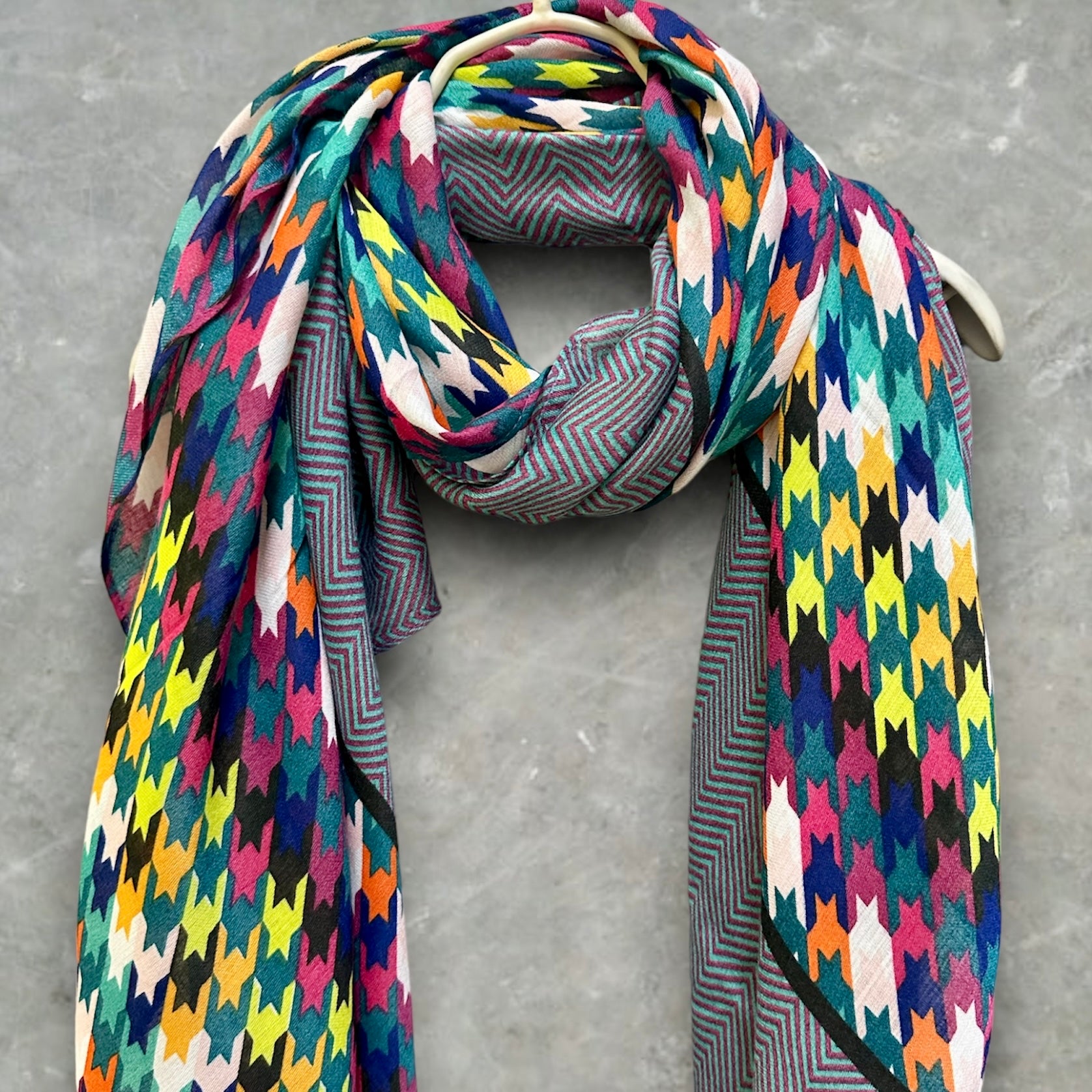Blue Cotton Blend Scarf with Eco-Friendly Multicolour Houndstooth Pattern