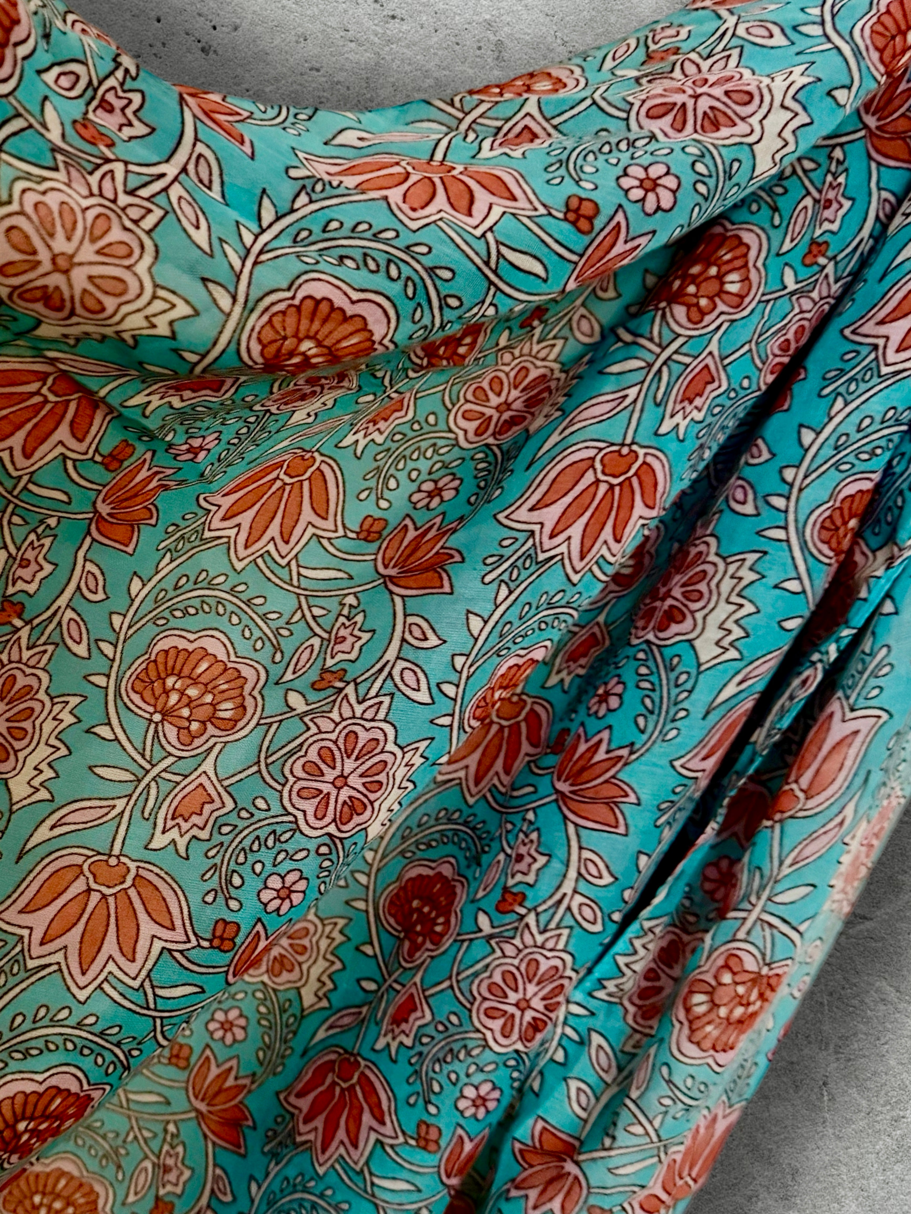 Turquoise Blue Floral Scarf,Lightweight Spring Summer Shawl,Soft Cotton Tassel Wrap for Women