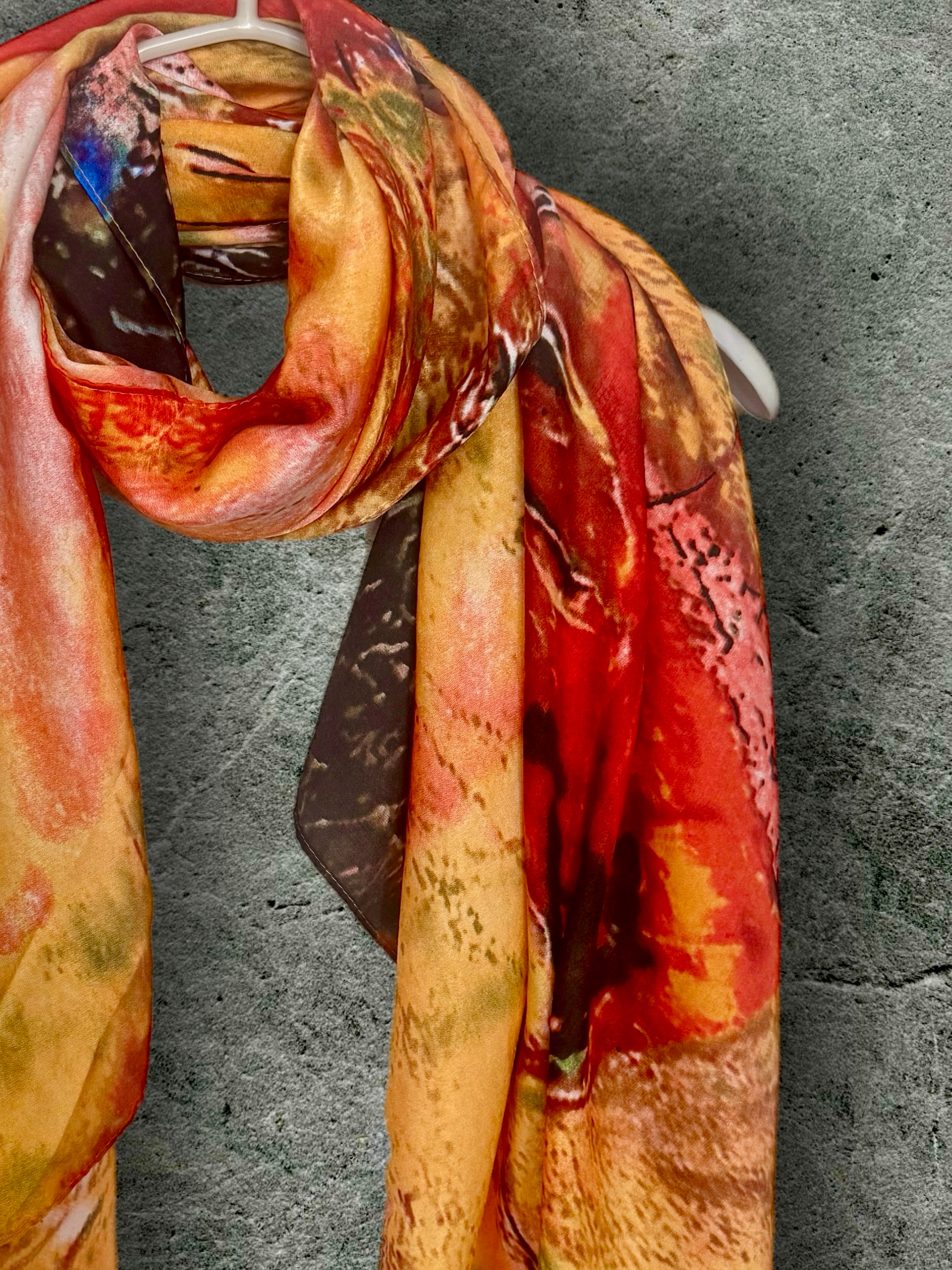 Abstract Silk Scarf for Women in Bold Orange & Red Artistic Wrap,Suitable for All Season,Great Gifts for Her,Mom,Birthday or Christmas