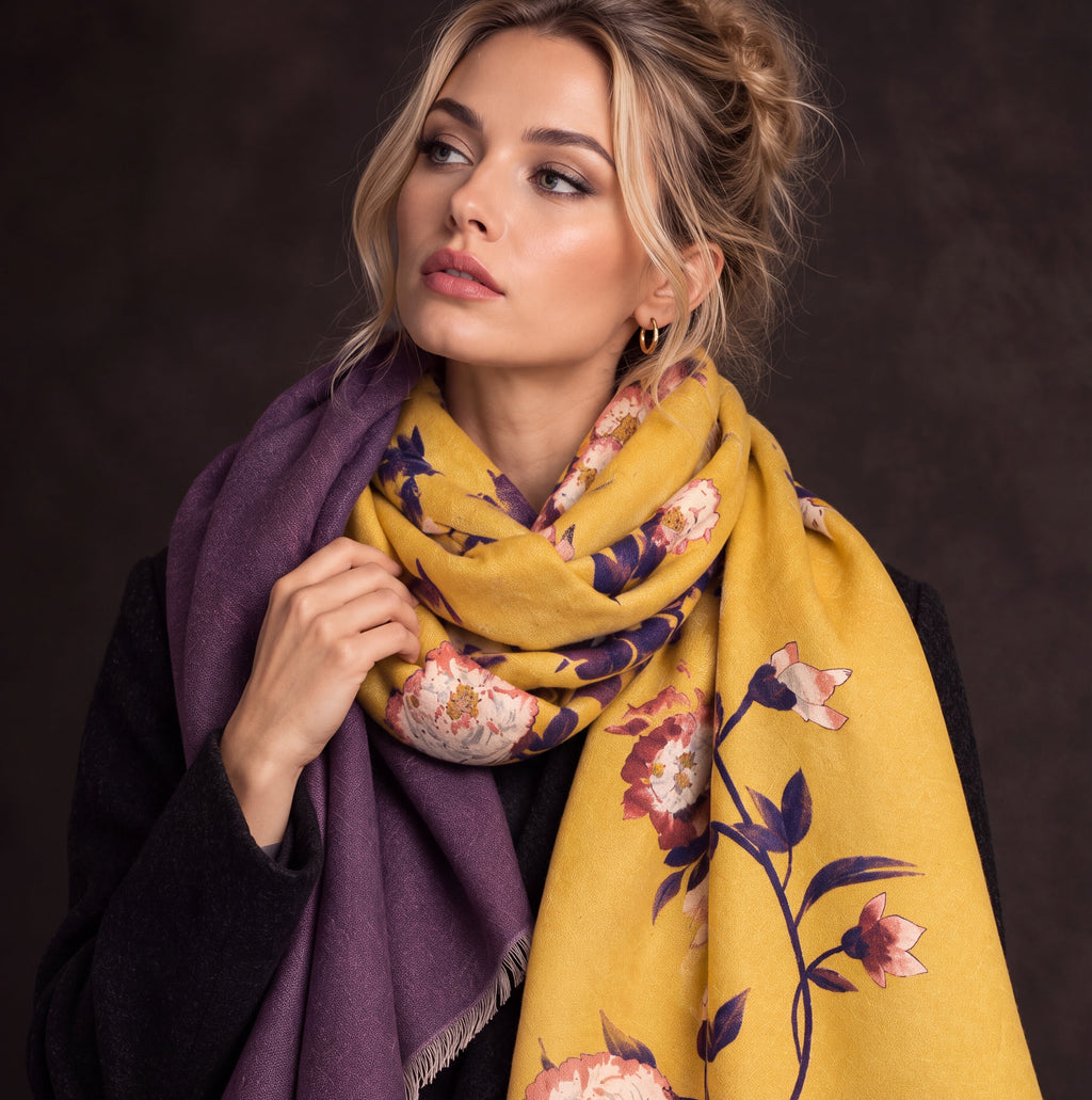 Mustard Yellow & Plum Purple Reversible Floral Winter Scarf