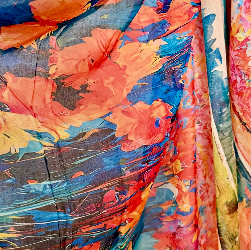 Orange Blue Watercolour Flower Print Cotton Scarf for Women,Lightweight Sheer Summer Wrap,Soft Breathable Shawl.