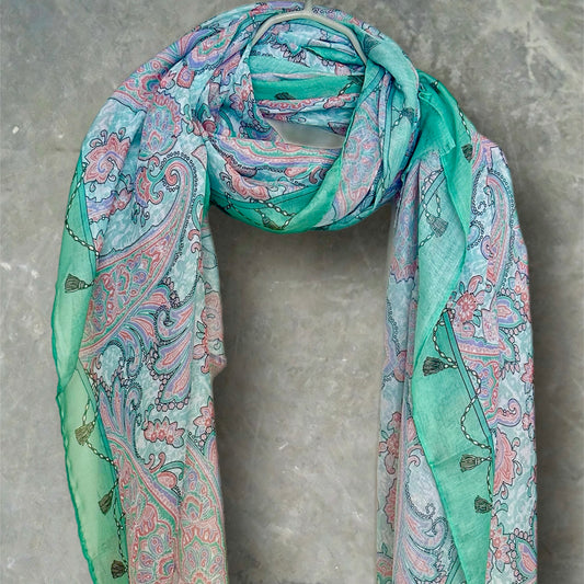 Light Green Paisley Pattern Cotton Scarf,Perfect for Gifting Women on Mother's Day,Birthdays,Christmas, Suitable for Every Season