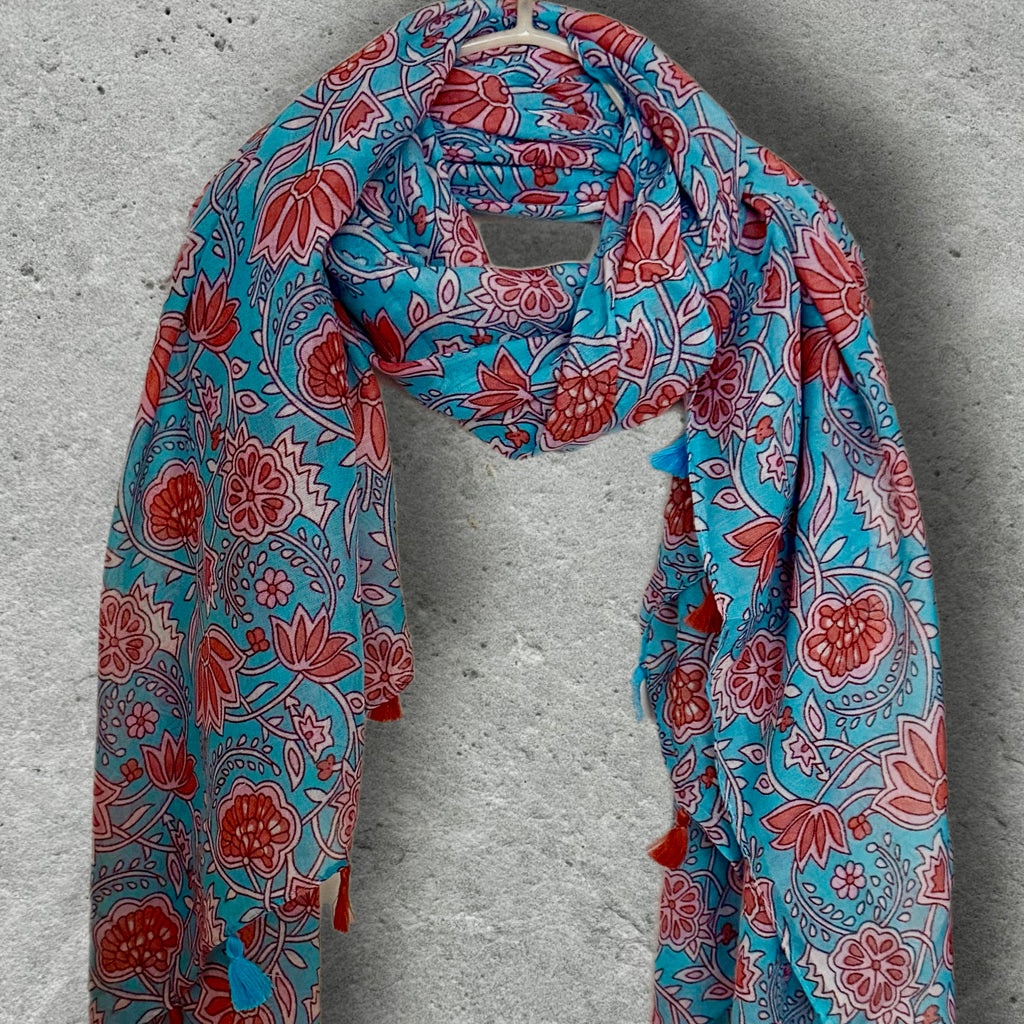 Turquoise Blue Floral Scarf,Lightweight Spring Summer Shawl,Soft Cotton Tassel Wrap for Women
