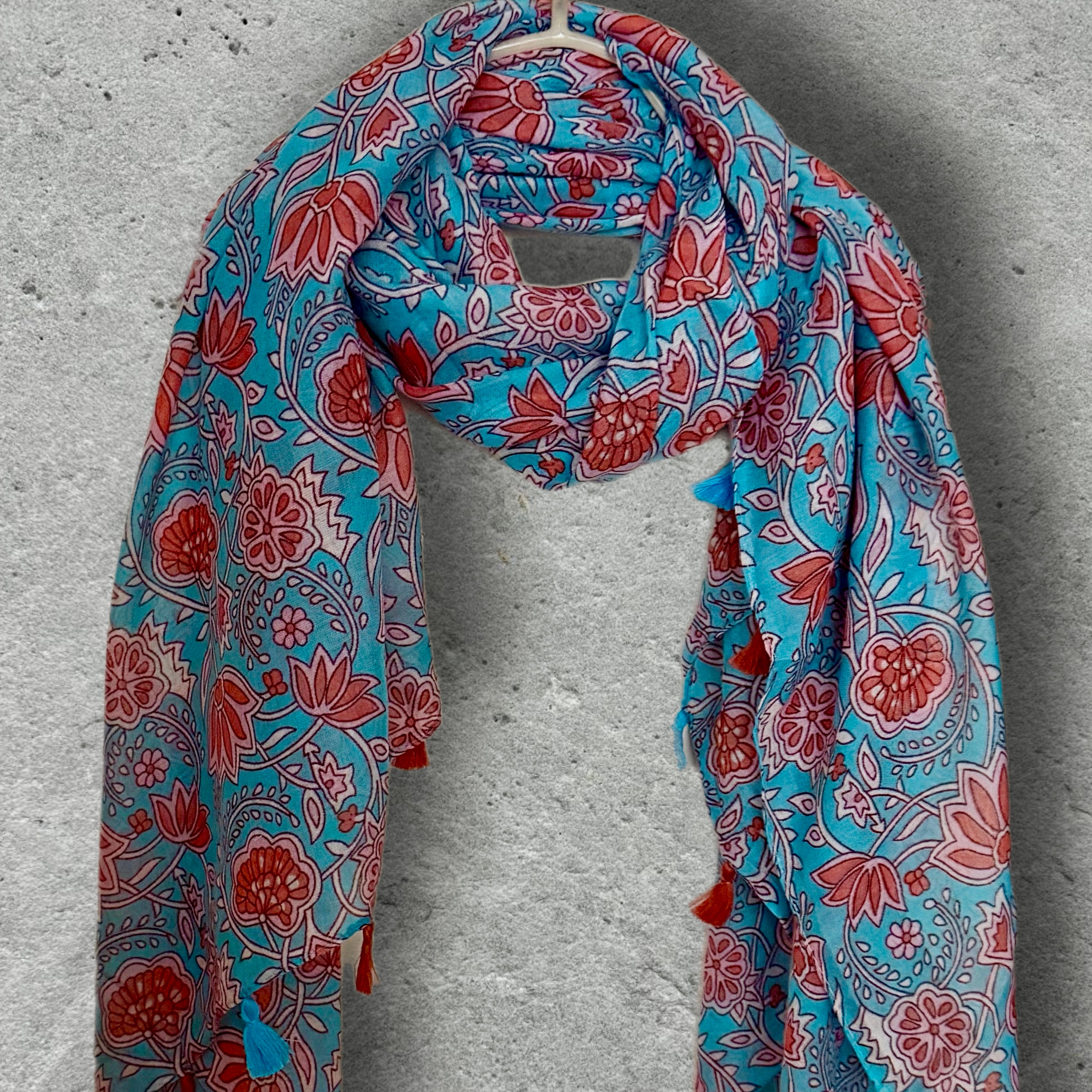 Turquoise Blue Floral Scarf,Lightweight Spring Summer Shawl,Soft Cotton Tassel Wrap for Women