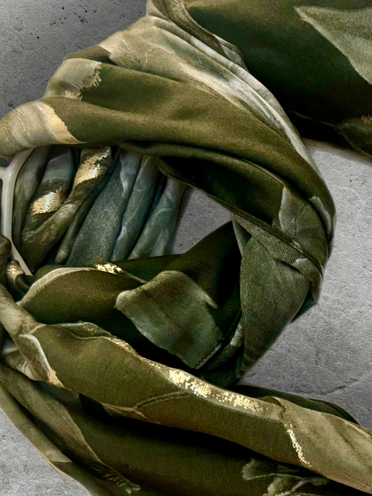 Olive Green Peony Floral Scarf with Gold Accents for Women