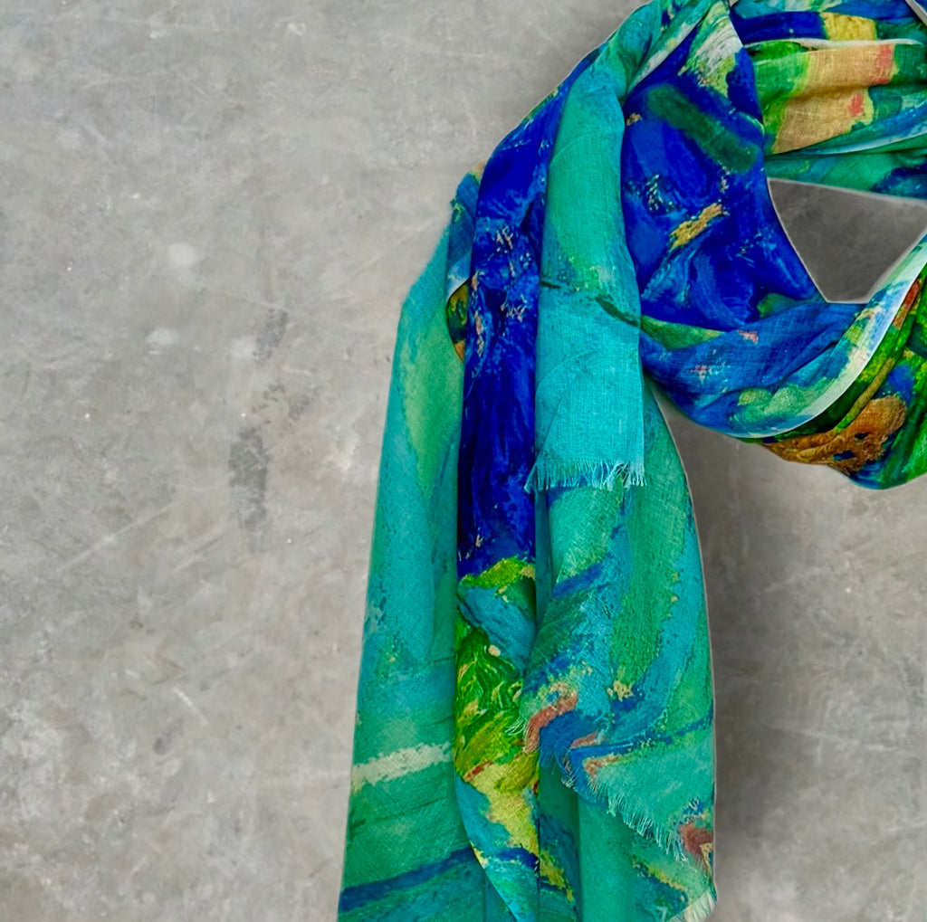 Abstract Blue Green Lightweight Cotton Scarf,Sheer Summer Wrap,Artistic Watercolour Print Shawl