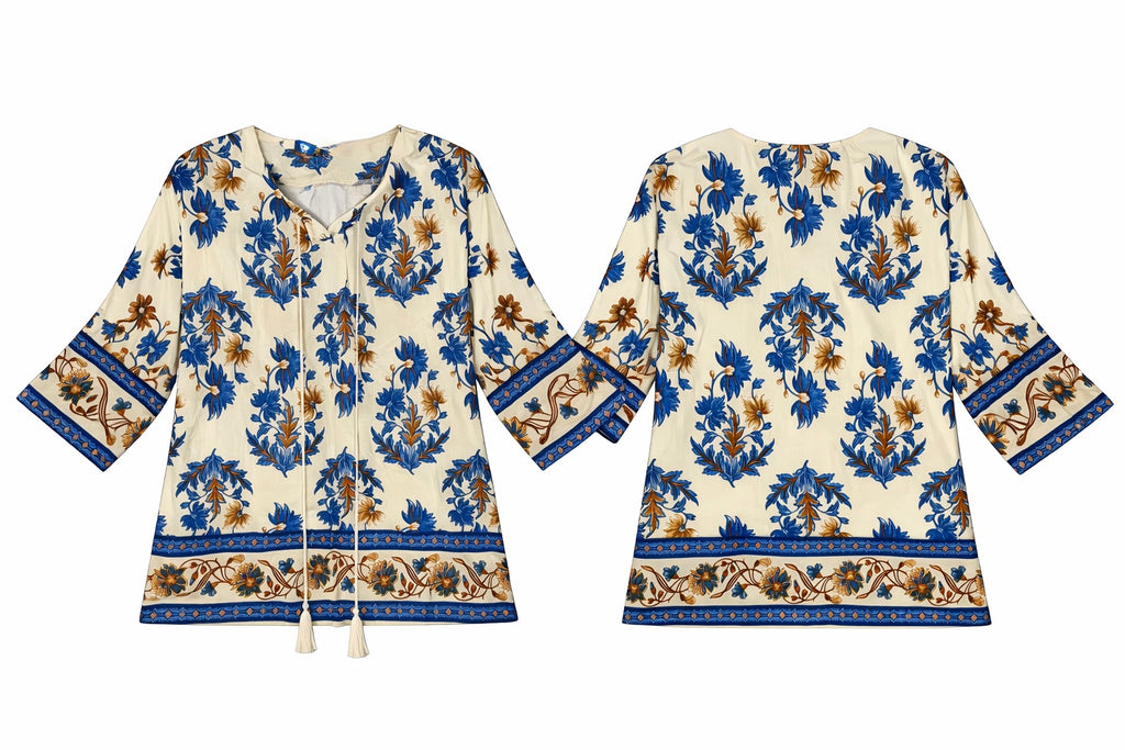 Blue Floral Bohemian Blouse, Cotton Viscose Blend, Tassel Tie Neckline Shirts