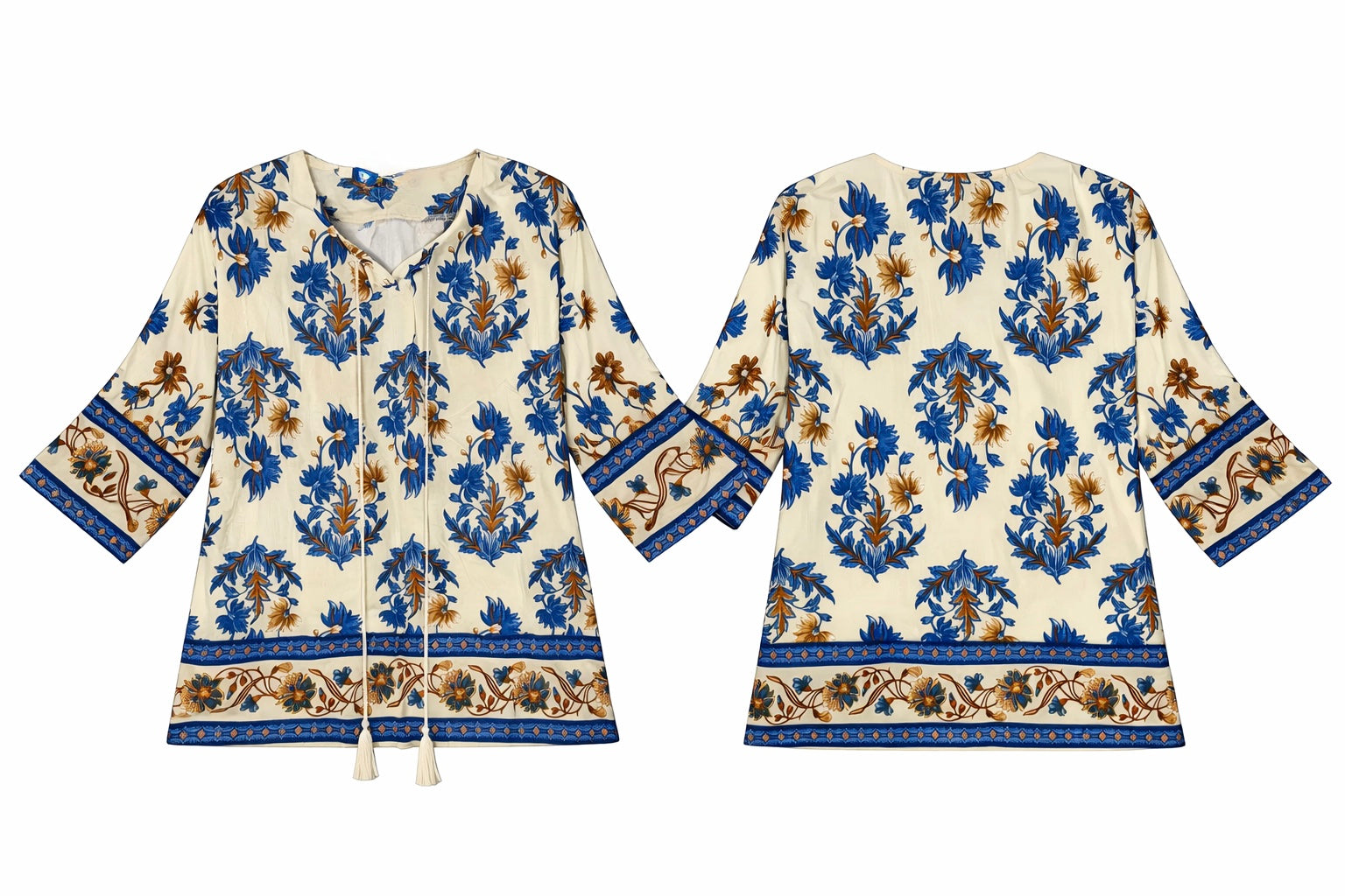 Blue Floral Bohemian Blouse, Cotton Viscose Blend, Tassel Tie Neckline Shirts