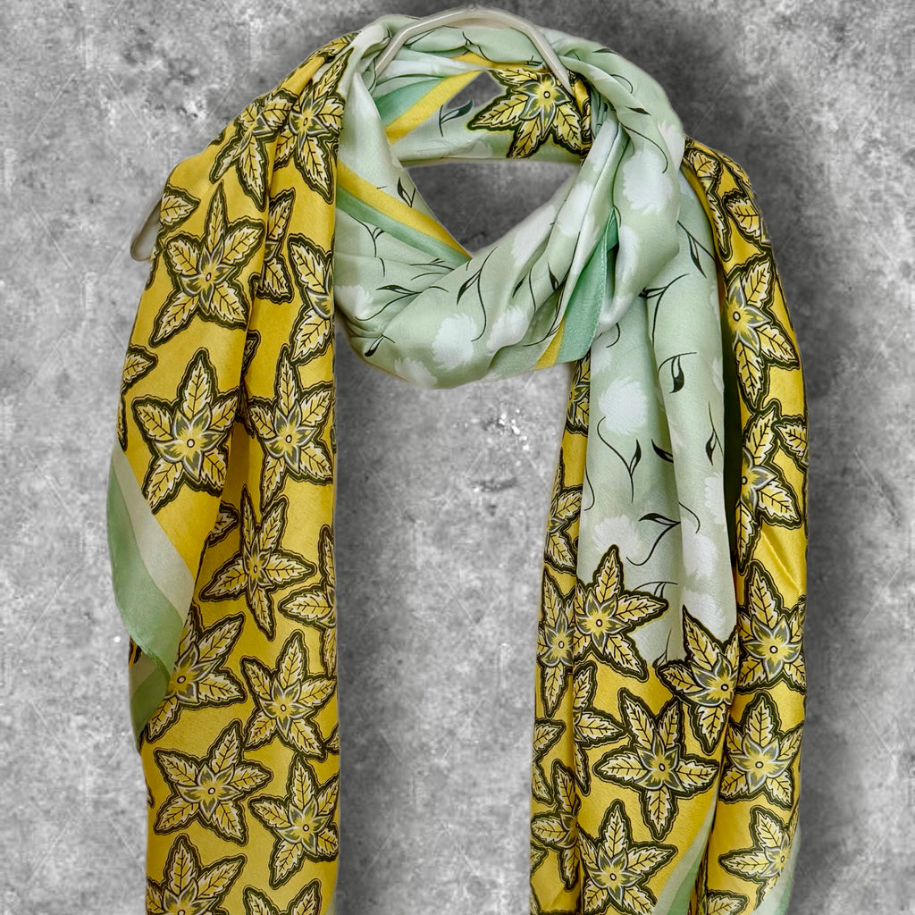 Yellow Green Long Silk Scarf for Women,Featuring Golden Meadow Blossom