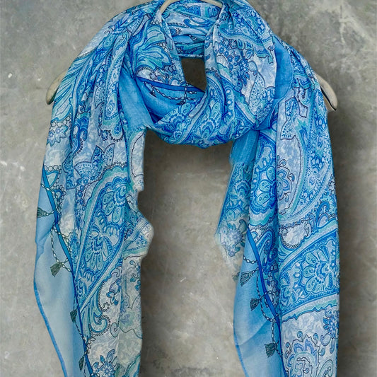 Light Blue Paisley Pattern Cotton Scarf,Ideal Gifts for Women on Mother's Day,Birthdays,Christmas,Versatile for All Seasons