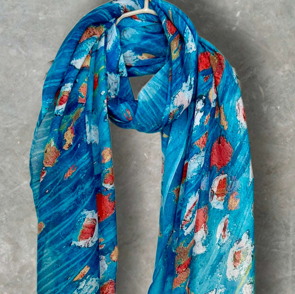 Blue Floral Abstract Cotton Scarf for Women,Lightweight Sheer Summer Wrap