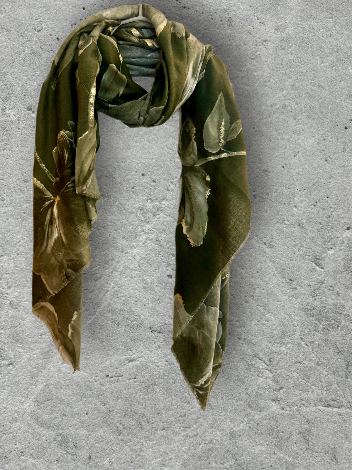 Olive Green Peony Floral Scarf with Gold Accents for Women