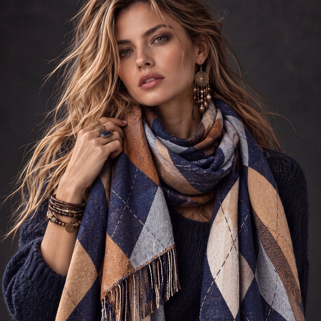 Navy Blue Beige Argyle Reversible Winter Scarf