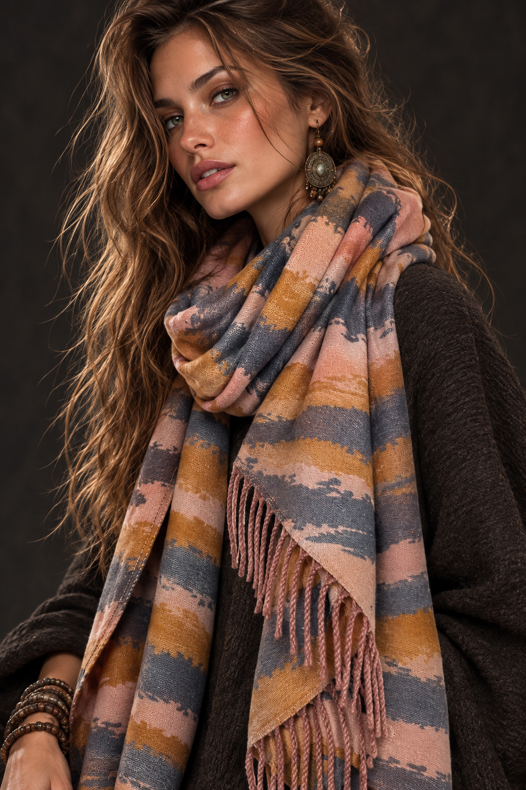 Abstract Brushed Grey Blush Pink Mustard Winter Scarf