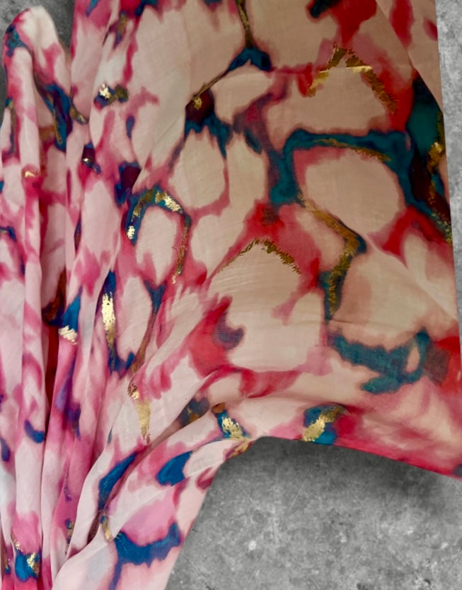 Pink Watercolor Cotton Scarf for Women,Lightweight Summer Shawl with Gold Foil Accents