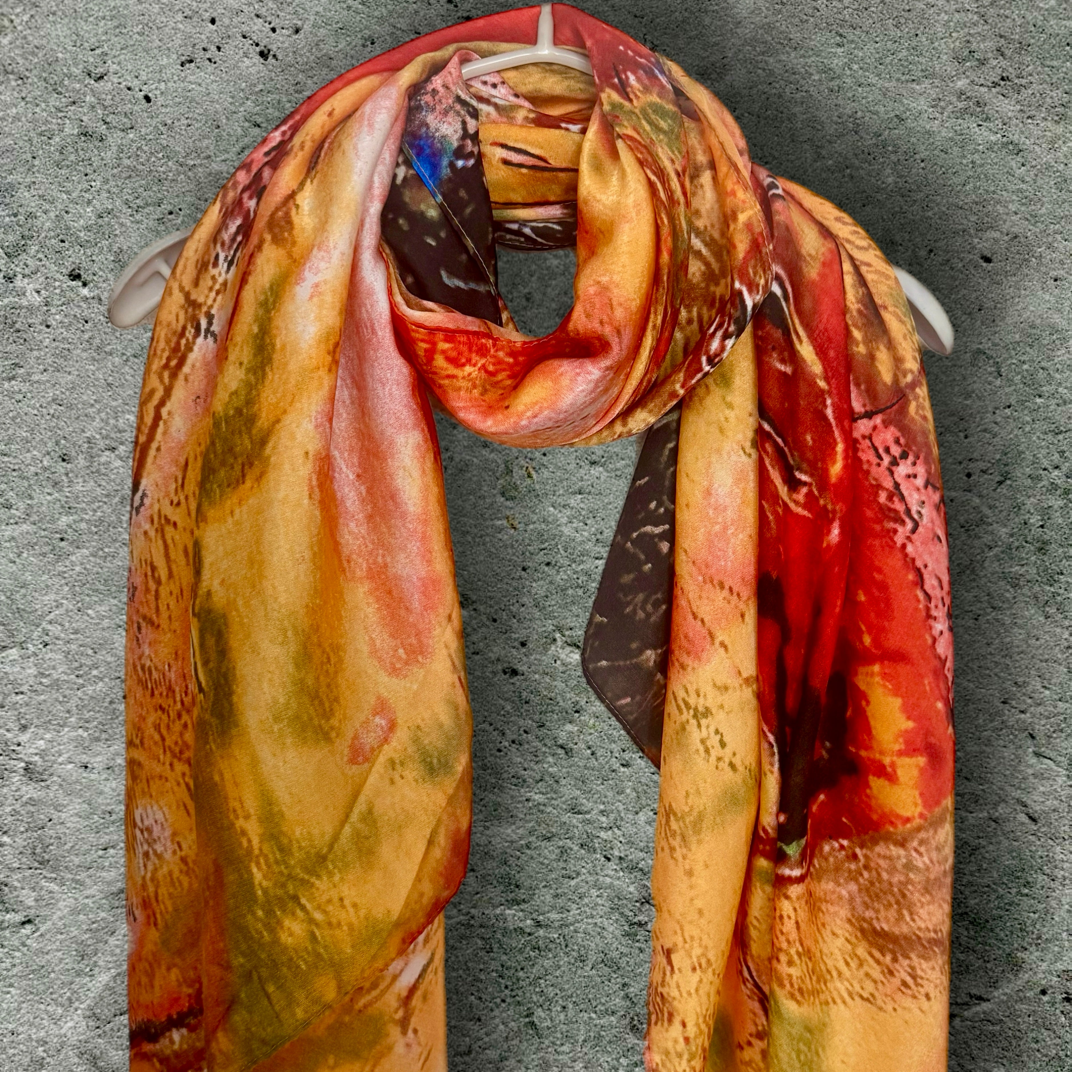 Abstract Silk Scarf for Women in Bold Orange & Red Artistic Wrap,Suitable for All Season,Great Gifts for Her,Mom,Birthday or Christmas
