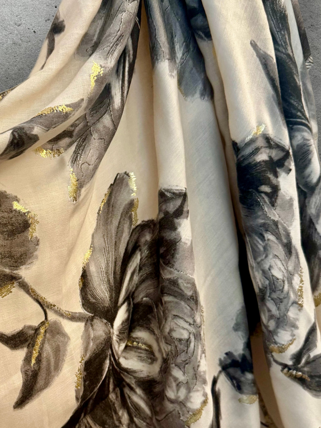 Elegant Grey Peony Scarf with Gold Highlights,Floral Sketch Wrap