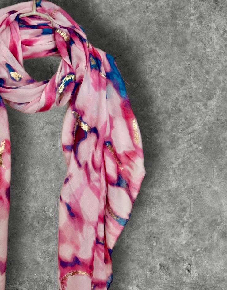 Pink Watercolor Cotton Scarf for Women,Lightweight Summer Shawl with Gold Foil Accents