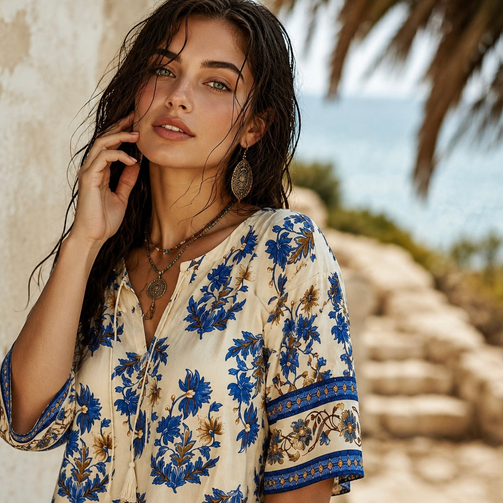 Blue Floral Bohemian Blouse, Cotton Viscose Blend, Tassel Tie Neckline Shirts