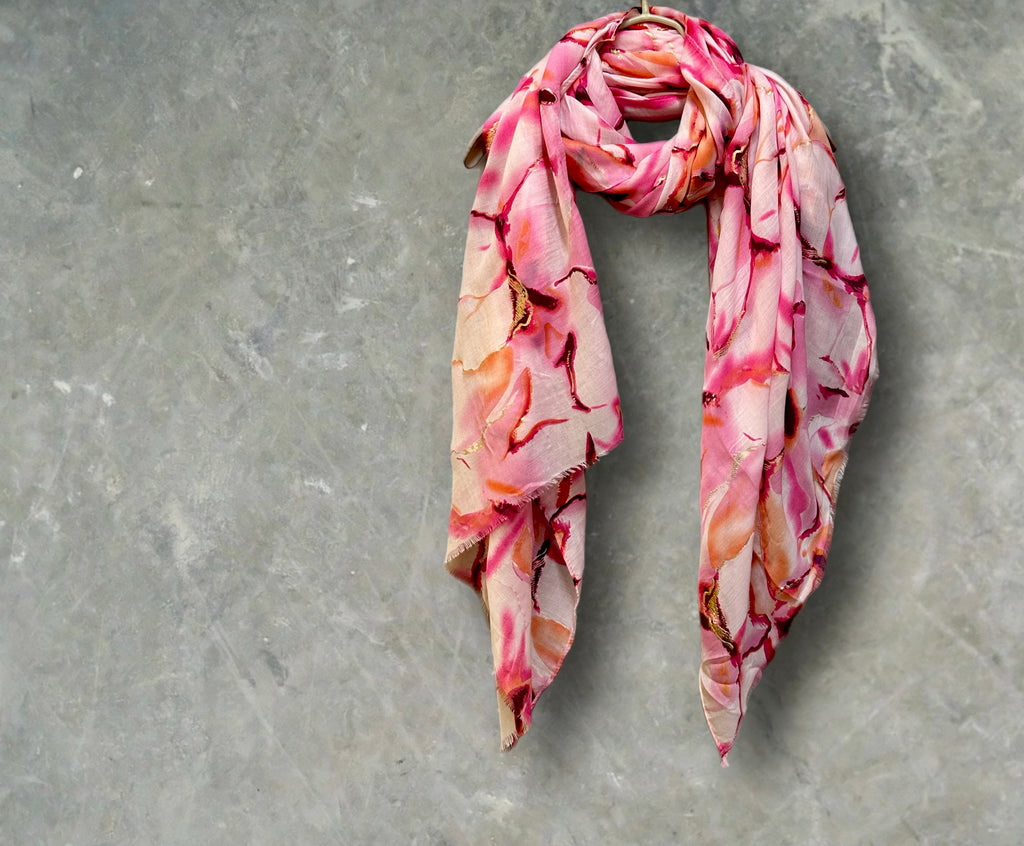 Pink Cotton Scarf for Women with Abstract Paint Splashes and Gold Accents