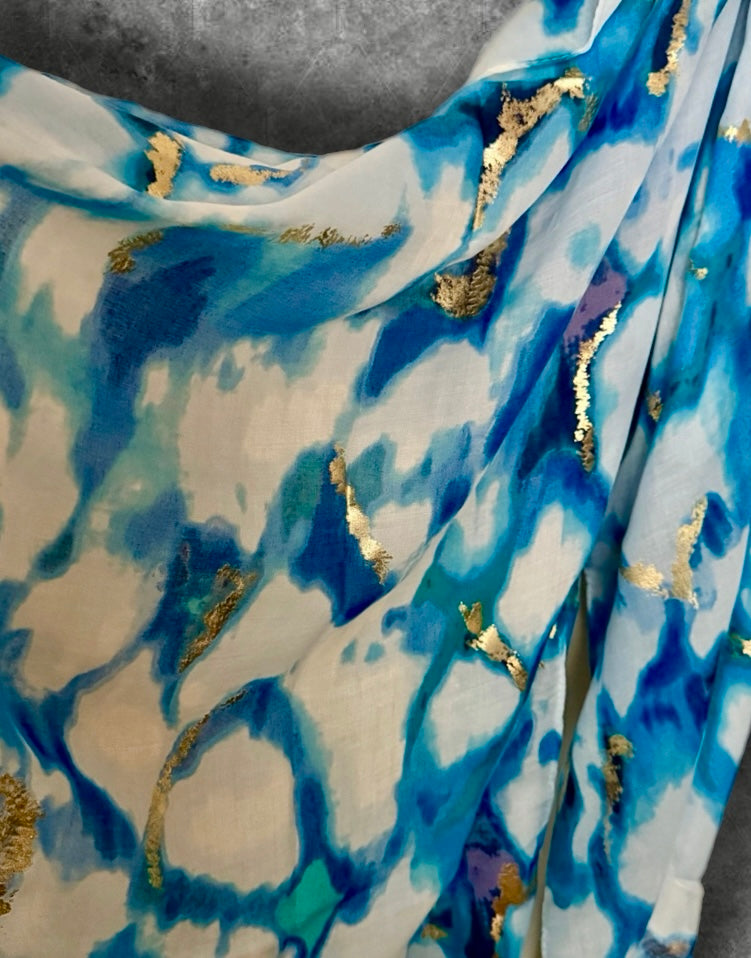 Blue Abstract Print Lightweight Cotton Scarf, Airy Summer Shawl with Gold Detail