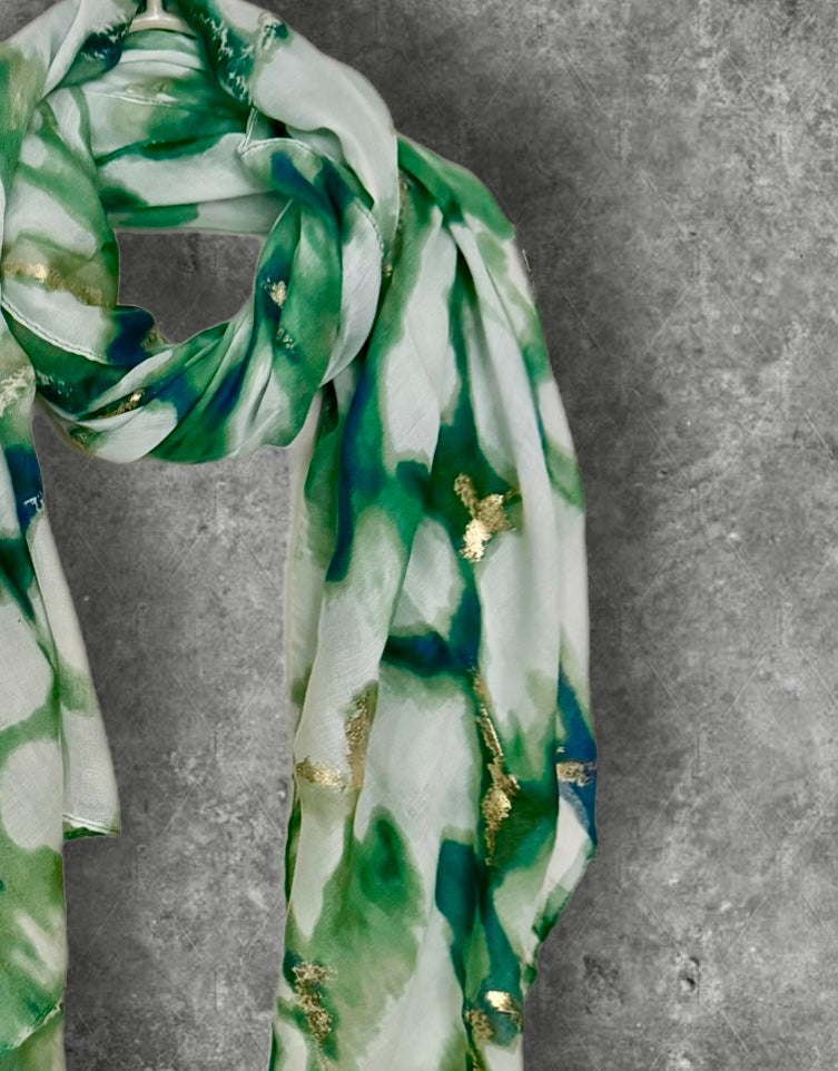 Green Marble Effect Cotton Scarf for Women,Lightweight Summer Wrap with Gold Accents