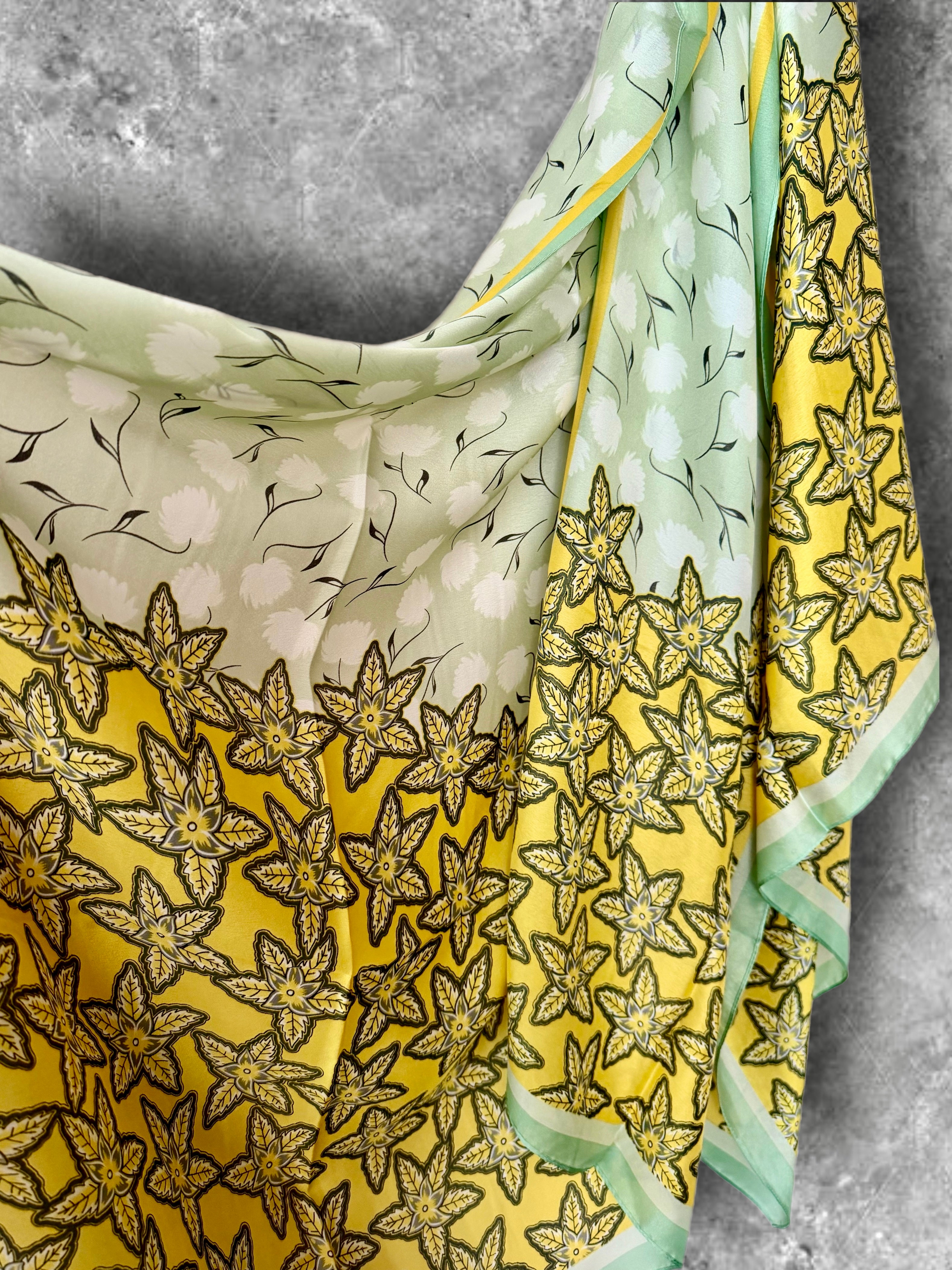 Yellow Green Long Silk Scarf for Women,Featuring Golden Meadow Blossom