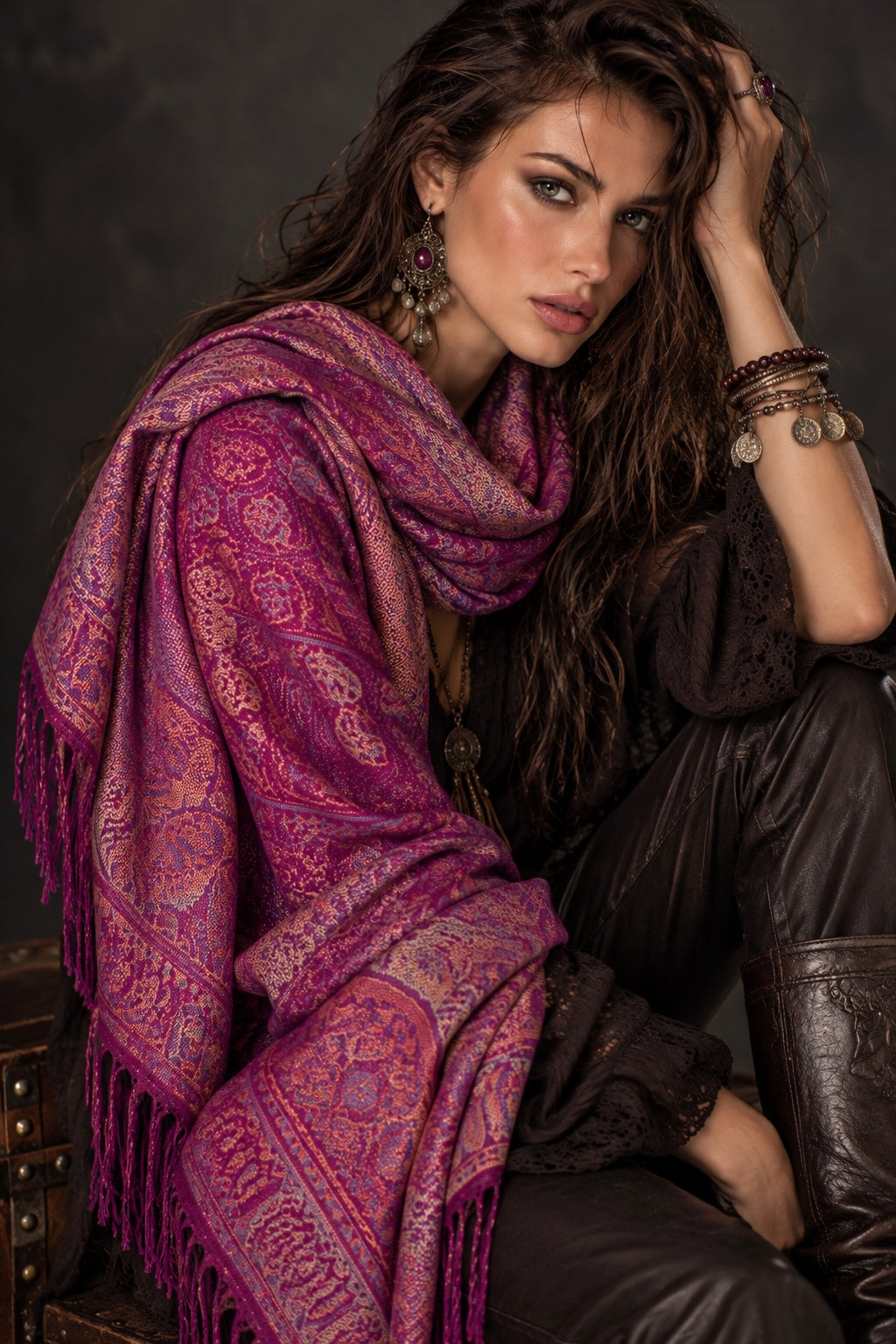 Magenta Paisley Scarf, Plum Floral Autumn Shawl