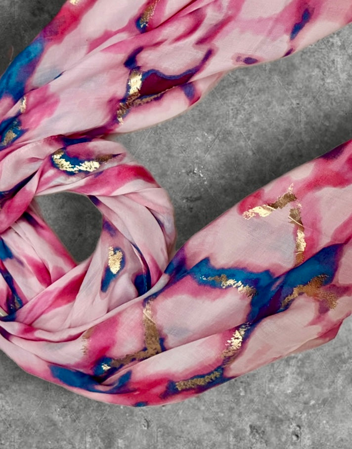 Pink Watercolor Cotton Scarf for Women,Lightweight Summer Shawl with Gold Foil Accents