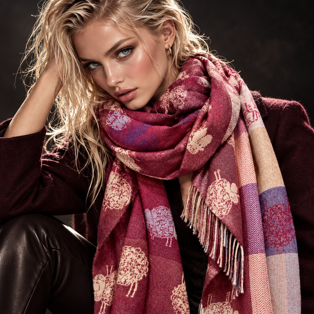 Double Sided Burgundy Sheep Reversible Winter Scarf