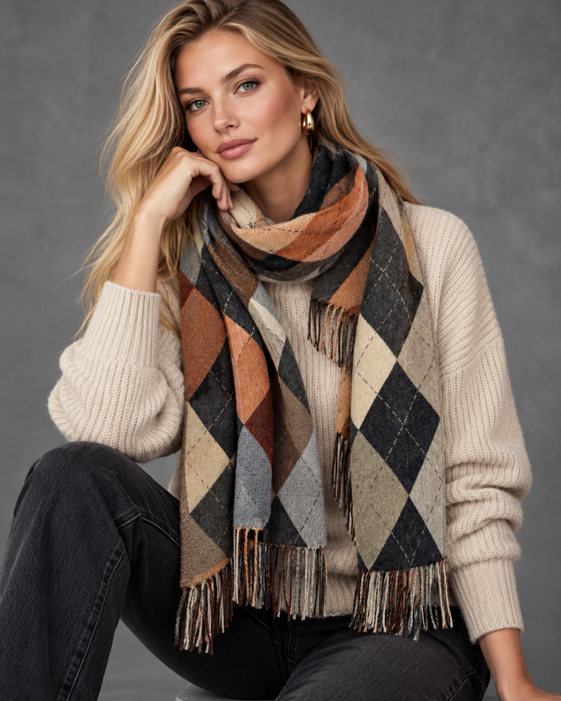 Black Grey Argyle Reversible Winter Scarf
