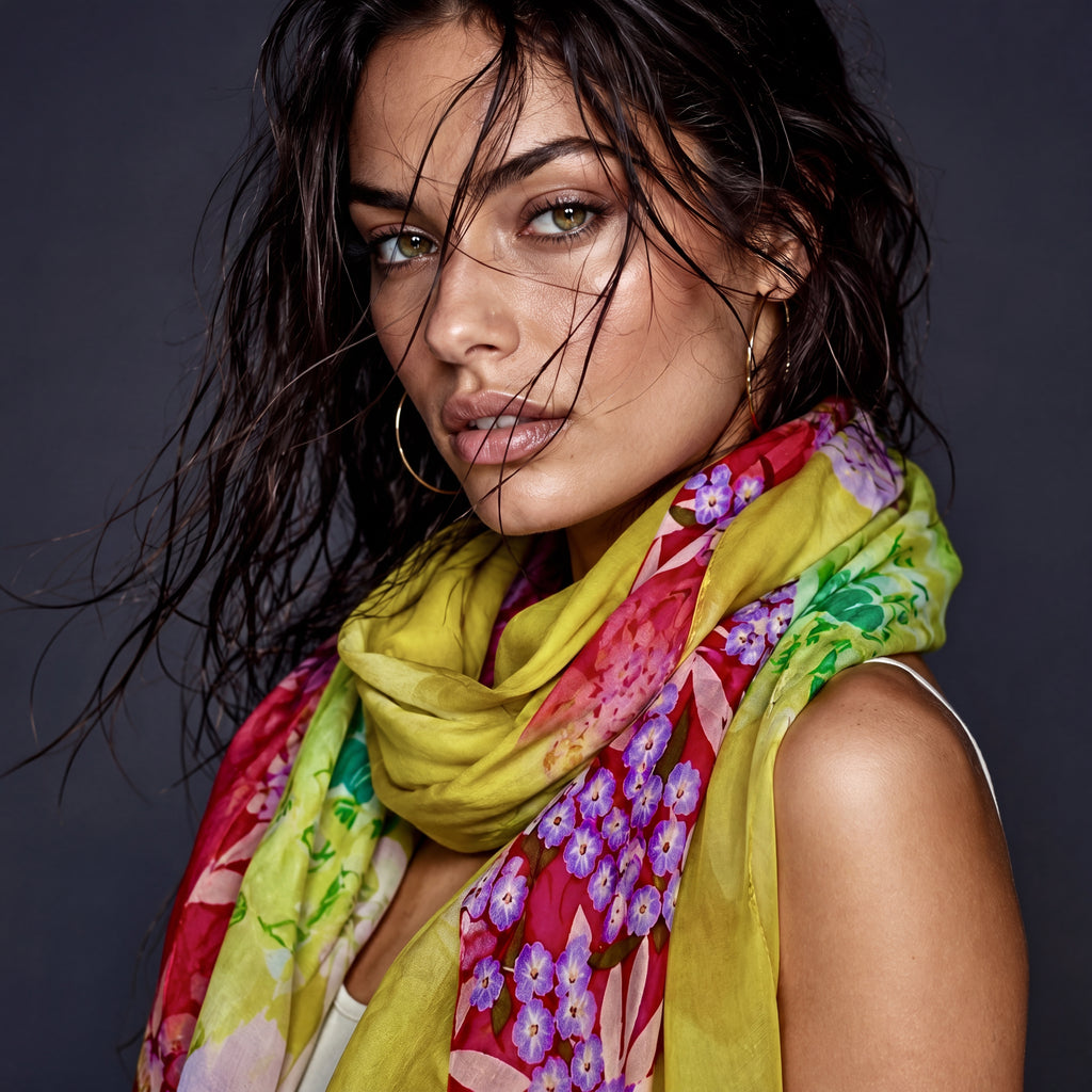 Spring Florals Summer Yellow Scarf for Women,Elegant Lightweight Cotton Shawl