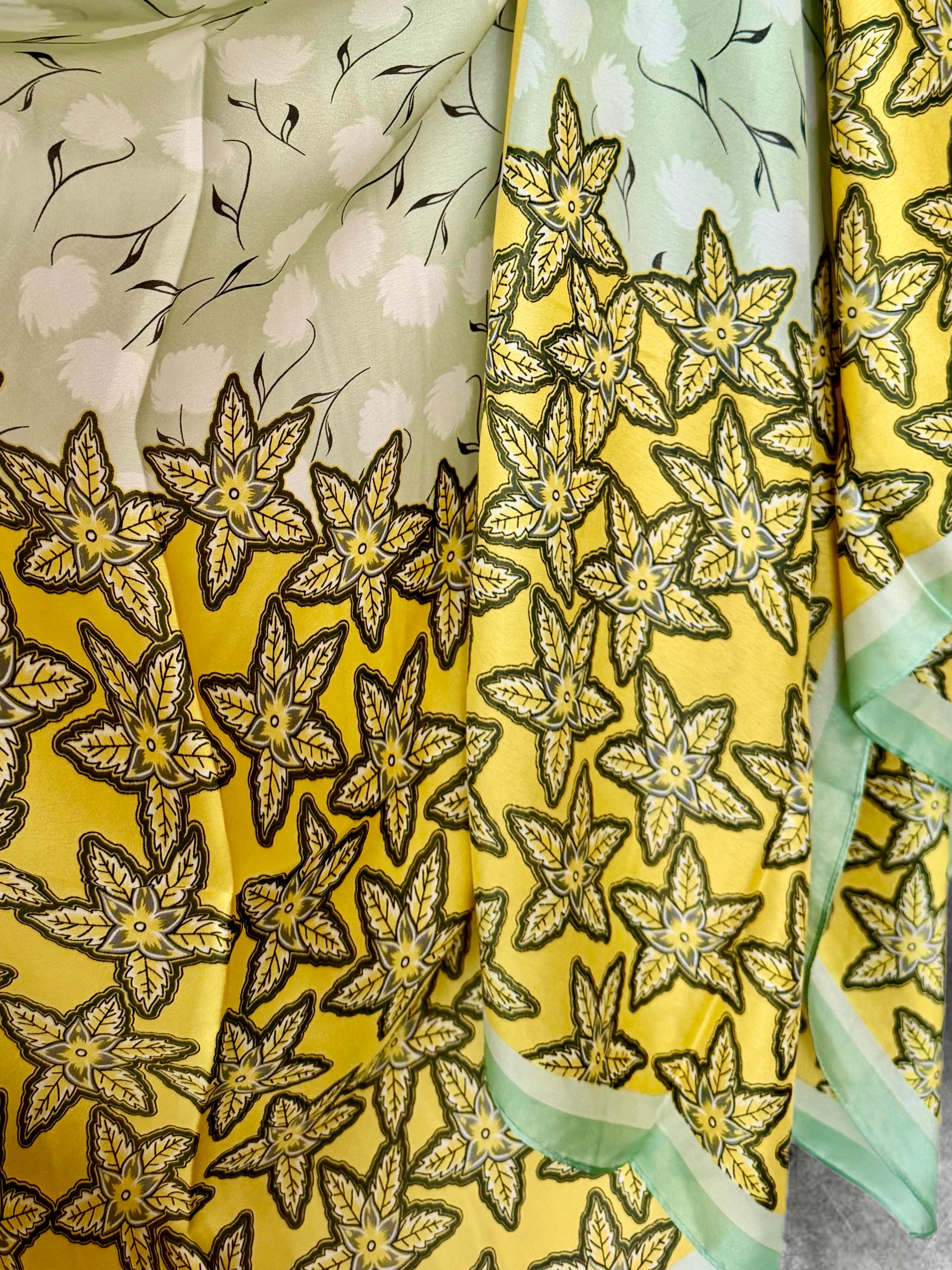 Yellow Green Long Silk Scarf for Women,Featuring Golden Meadow Blossom