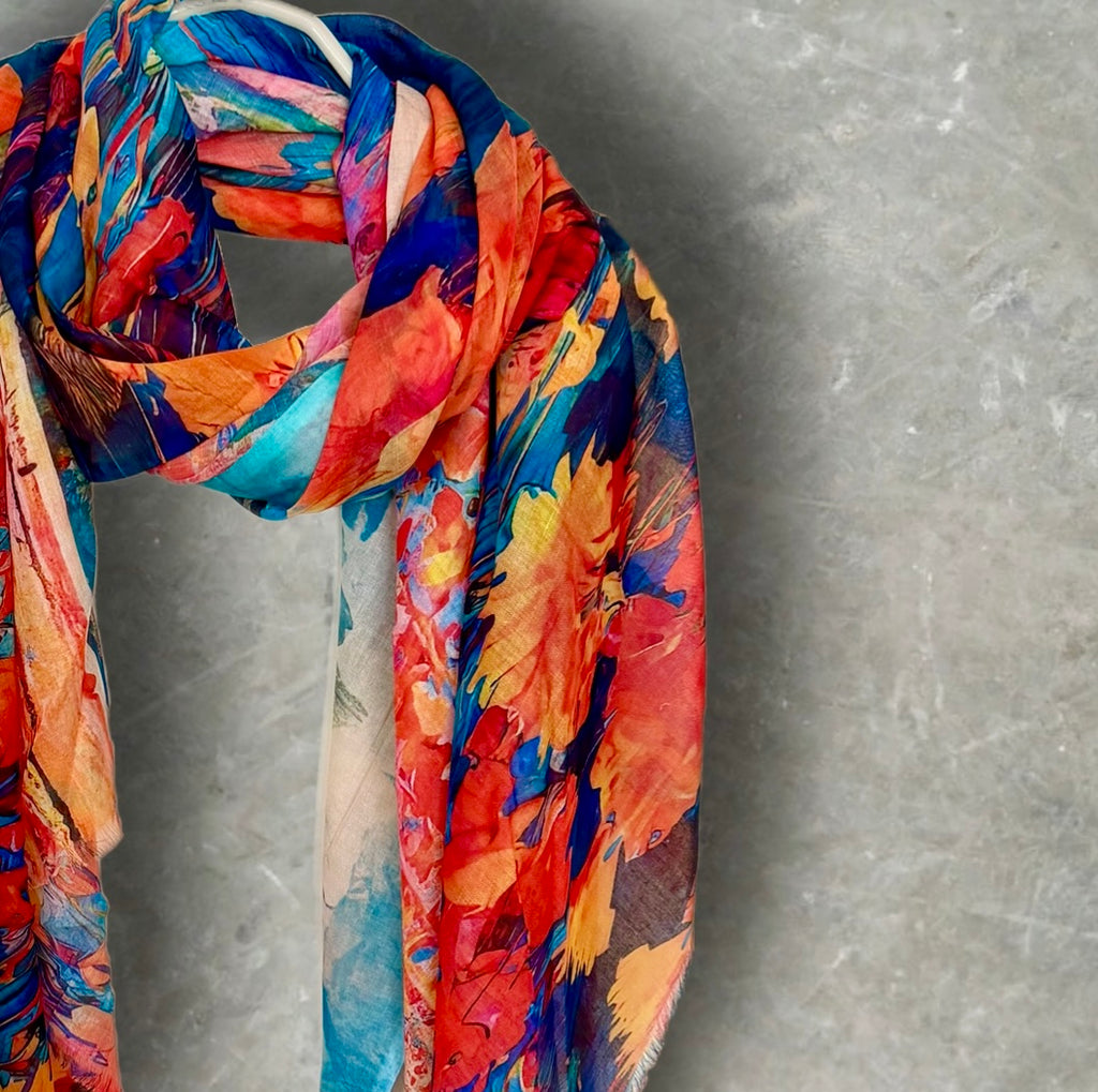 Orange Blue Watercolour Flower Print Cotton Scarf for Women,Lightweight Sheer Summer Wrap,Soft Breathable Shawl.